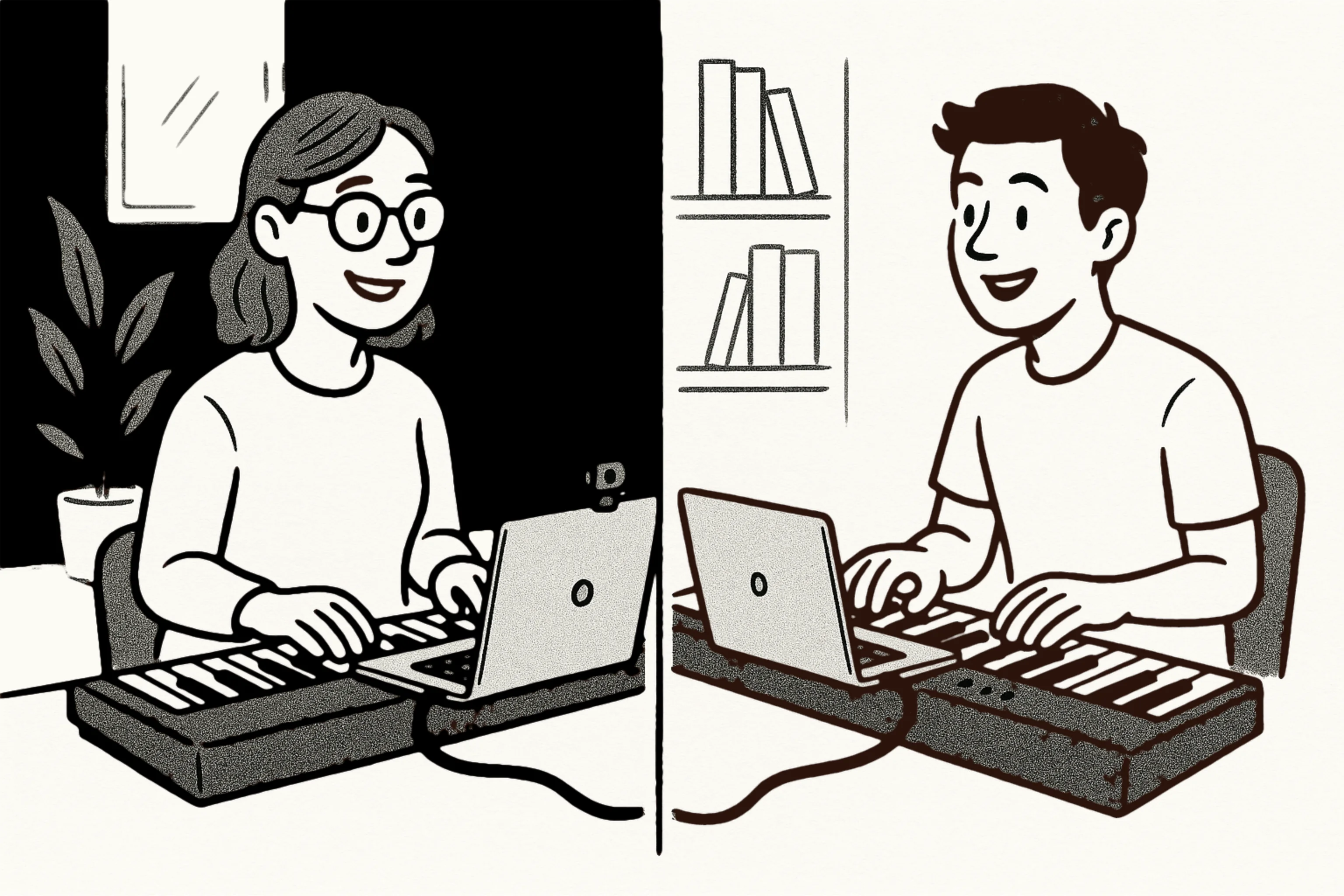 A piano teacher and student playing together over duomidi